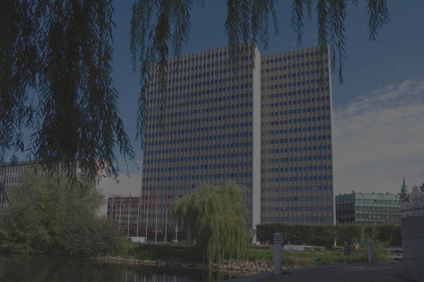 Multistory buildings and trees in bloom